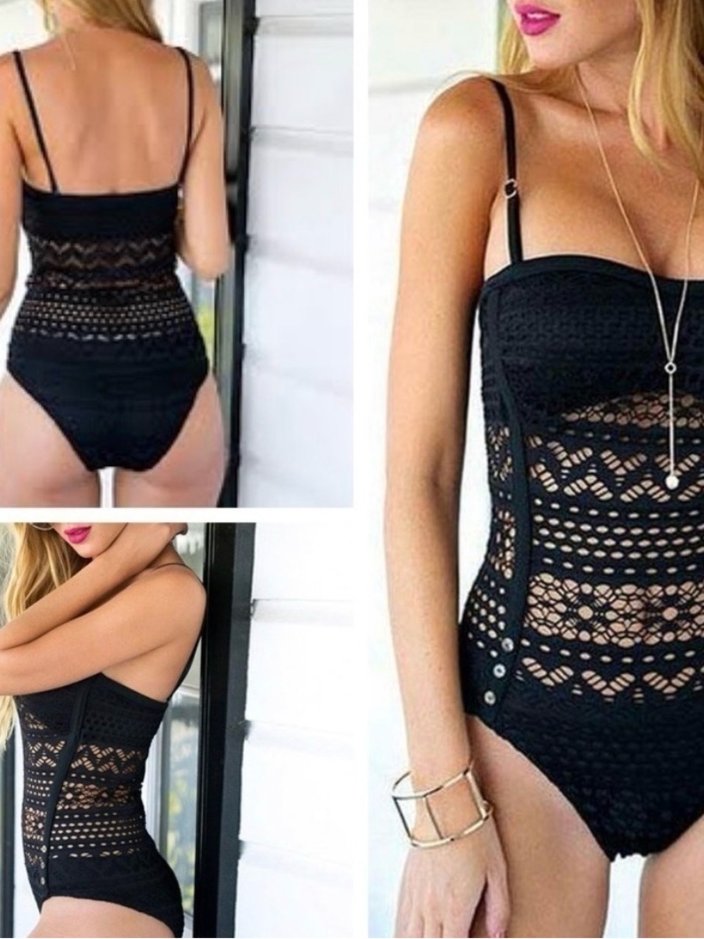 Lookbook Black Crochet One-Piece Swimsuit w/ removable straps,size 2 NEVER WORN